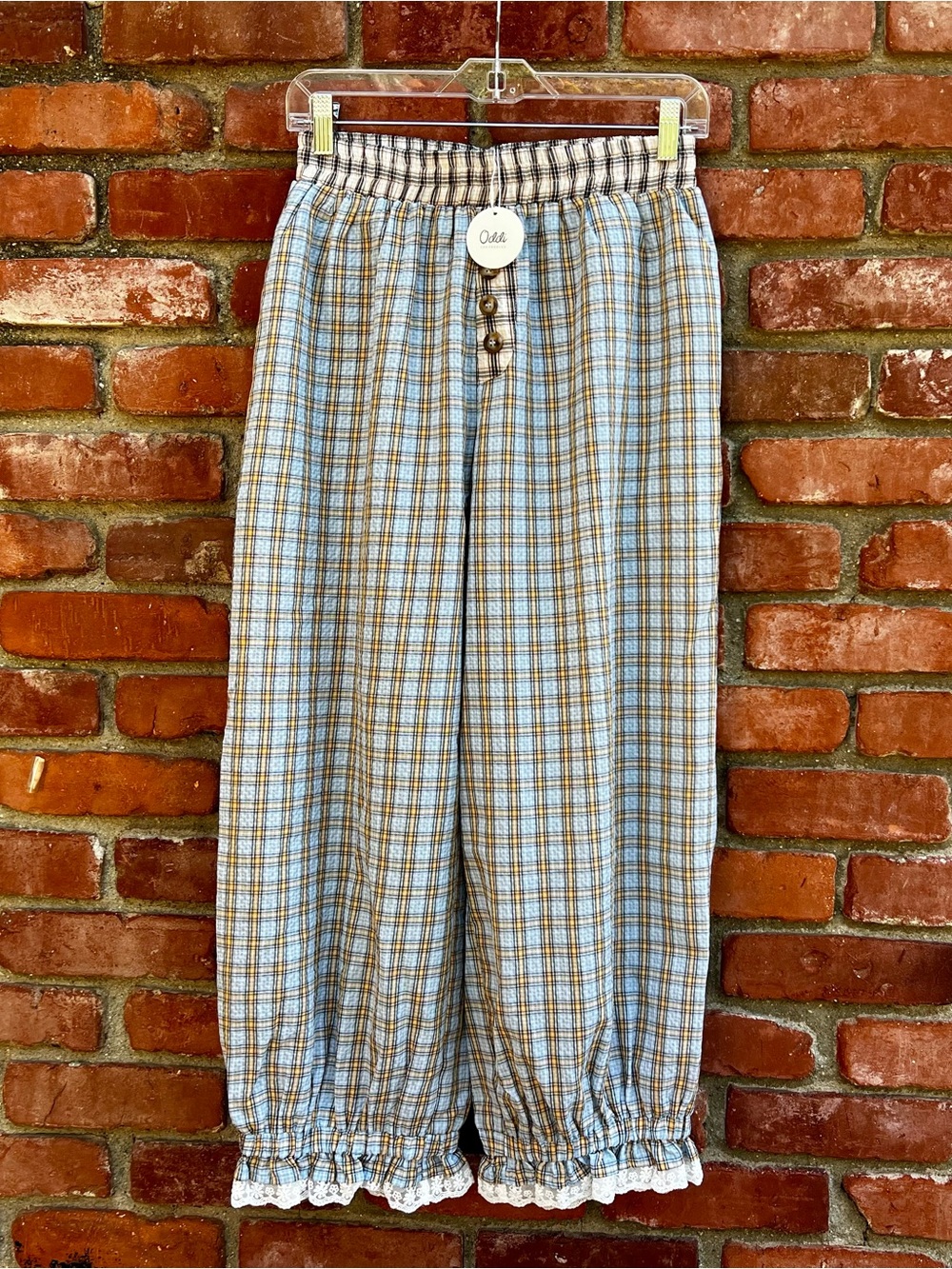 Blue Plaid Bloomer Pant Bottoms With Lace Trim